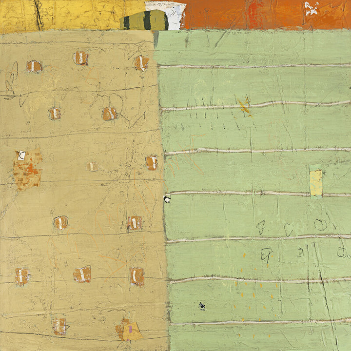 Abstract painting divided into yellow-beige left section with circular forms and green right section with horizontal lines and marks.