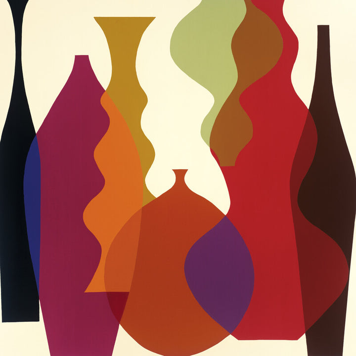 Abstract arrangement of overlapping vases in red, orange, gold, burgundy, brown, green, and dark blue against a cream background.