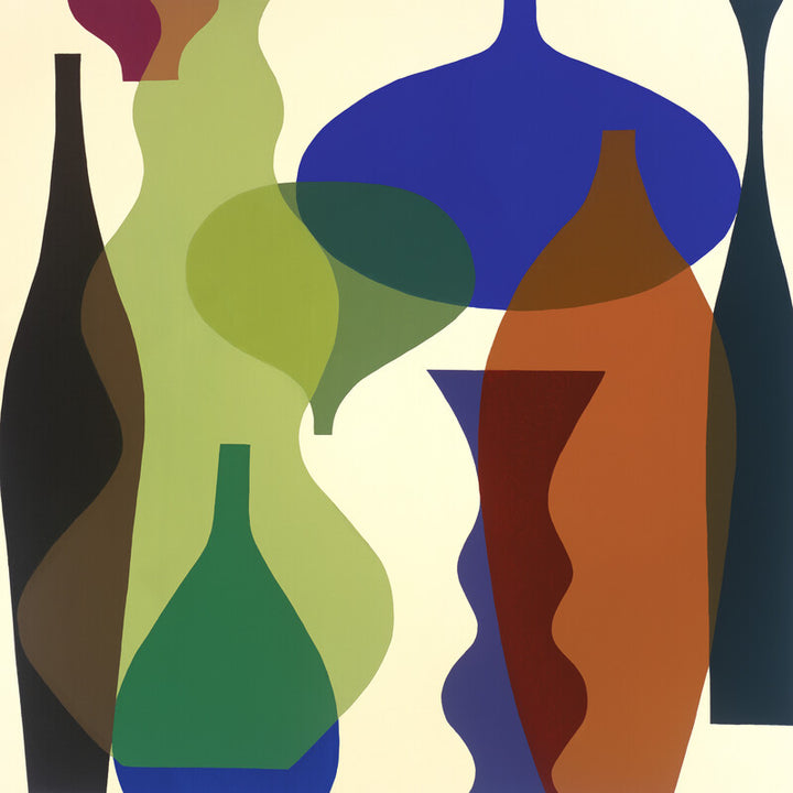 Abstract artwork featuring overlapping vase silhouettes in blue, green, orange, brown, and black on a cream background.
