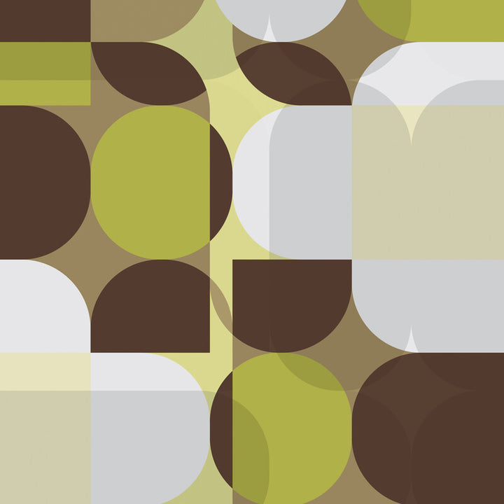 Abstract geometric composition with overlapping circles and rectangles in brown, yellow-green, beige, and white tones.