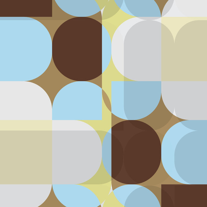 Abstract geometric composition featuring overlapping rounded squares and circles in shades of blue, brown, yellow, cream, and grey.
