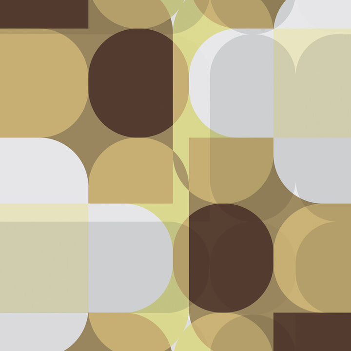 Abstract geometric composition featuring overlapping circles and rectangles in brown, cream, yellow, and light gray tones.