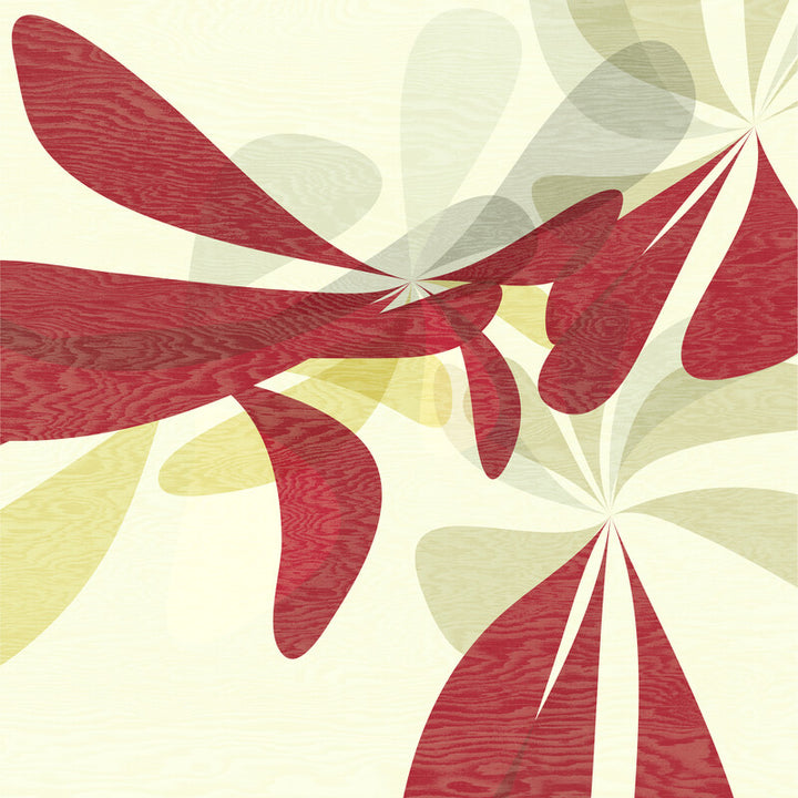 Abstract artwork featuring red and yellow petal-like shapes radiating from central points against a cream background.