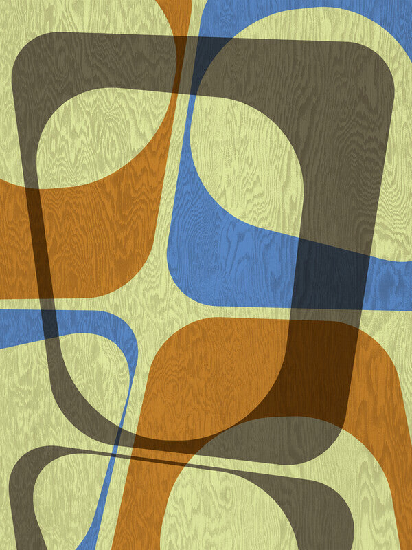 Abstract geometric composition featuring interlocking curved shapes in blue, orange, gray, and pale yellow with wood grain texture throughout.