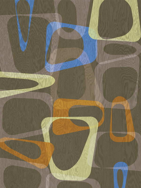 Abstract geometric composition with overlapping organic shapes in blue, orange, yellow, and brown tones on textured wood grain background.