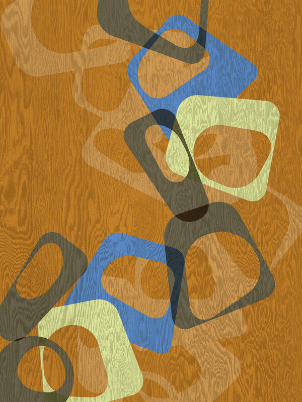 Abstract geometric shapes in blue, green, and dark gray overlay a textured wooden background in warm orange tones.