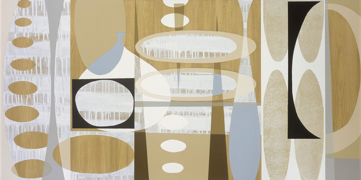 Abstract artwork featuring overlapping geometric shapes of vases and ovals in tan, white, black, and blue tones with textured patterns throughout.