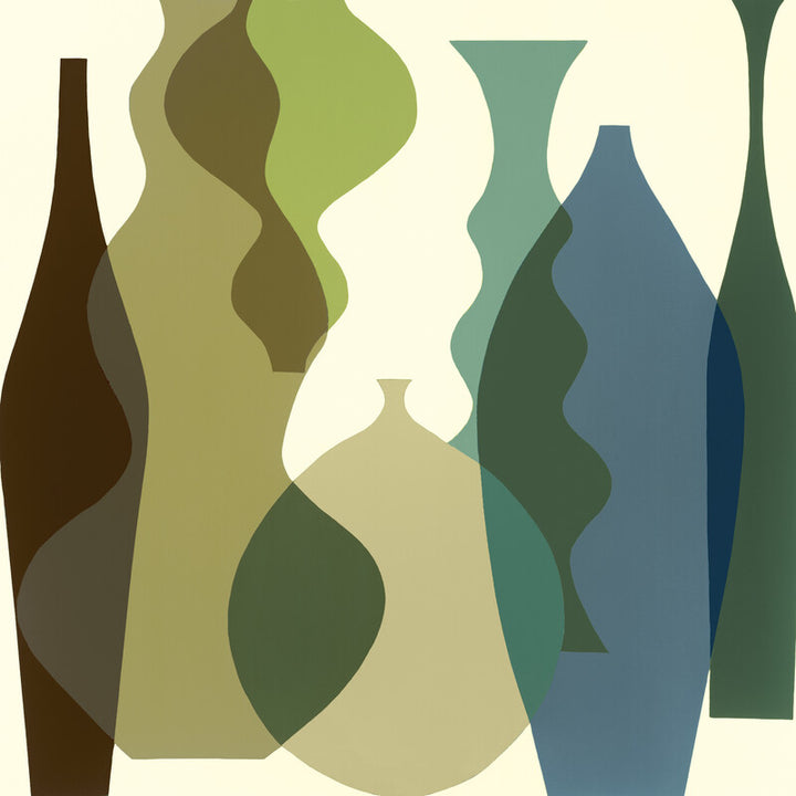 Abstract artwork featuring overlapping vases in earth tones, greens, and blues arranged vertically against a cream background.