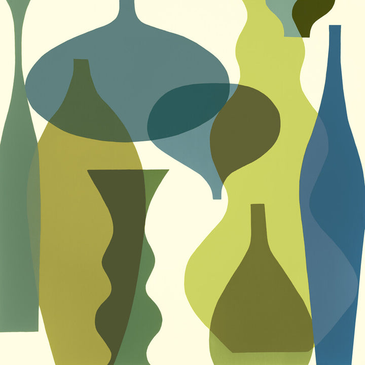 Abstract geometric vases in overlapping shapes using teal, olive, yellow-green, and cream tones on a neutral background.