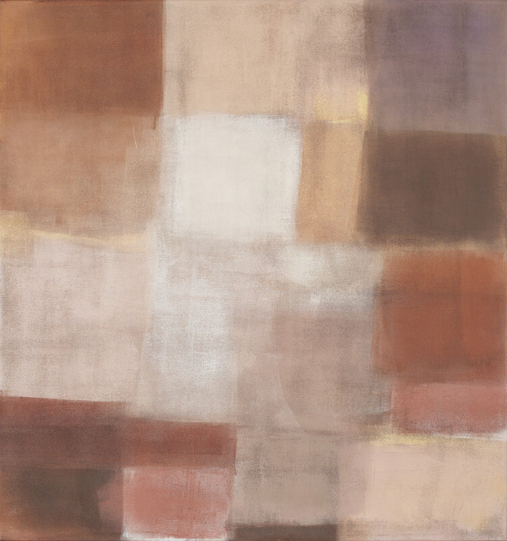 Abstract composition of overlapping rectangular blocks in muted tones of brown, beige, cream, and mauve.