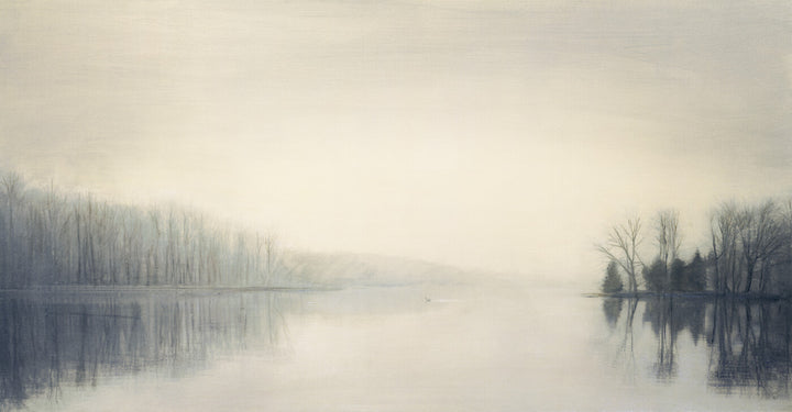 Misty landscape depicting bare trees reflected in still water under a pale sky in muted blues and whites.