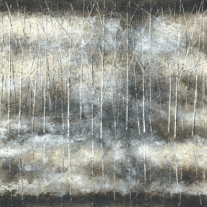 Abstract painting of vertical white birch trees in a misty forest landscape rendered in whites, grays, and browns.