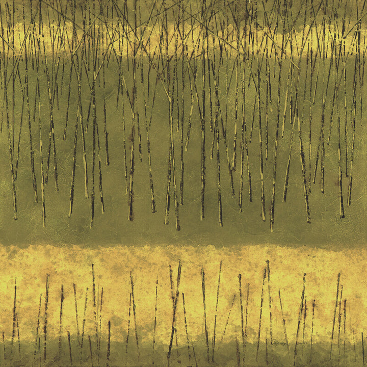 Abstract artwork divided horizontally into olive-green and golden-yellow sections with vertical dark lines throughout.