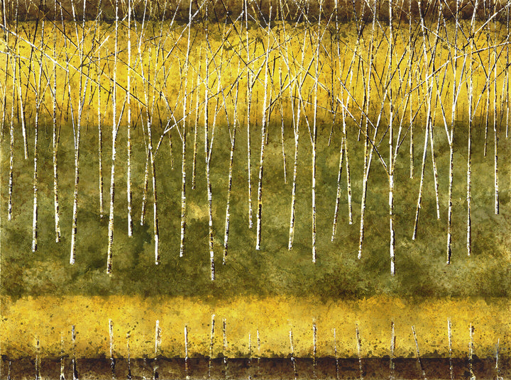 Abstract painting depicting white-barked trees arranged in vertical rows against layered backgrounds of golden yellow, olive green, and dark brown.