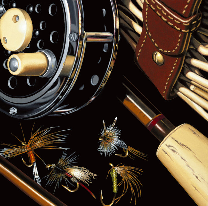 Fly fishing equipment arranged on black background including reel, rod, leather case, and tied fishing flies in gold and brown tones.