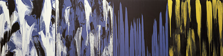 Abstract vertical brushstrokes in white, blue, black, and yellow on a dark background.