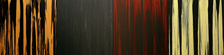 Abstract painting with vertical streaks in orange, black, dark gray, red, and cream colors on a dark background.