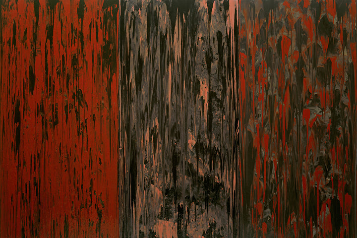 Abstract painting with vertical streaking patterns in red, black, gray, and orange tones throughout the composition.