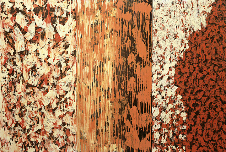 Three vertical panels of peeling and layered paint in cream, rust, orange, and black tones showing varied surface textures and deterioration.