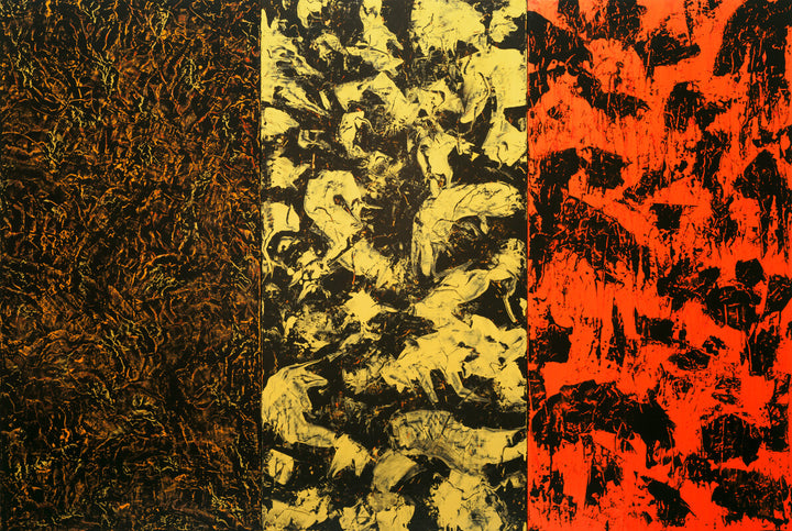 Three vertical panels in yellow, orange, and dark tones with black textured abstract marks throughout.
