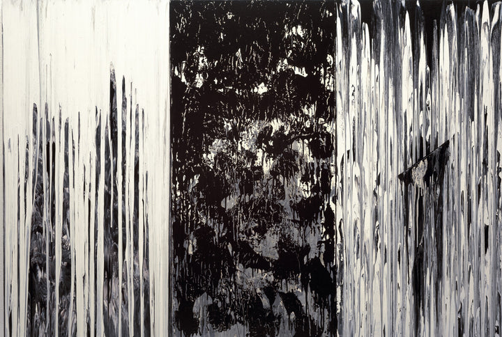 Abstract artwork featuring vertical black and white streaks with gestural marks creating a layered, textured composition.