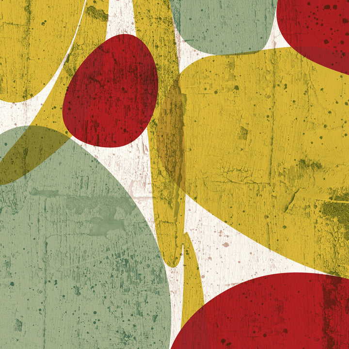 Abstract geometric composition featuring overlapping circles and curved shapes in red, yellow, green, and white with weathered texture.