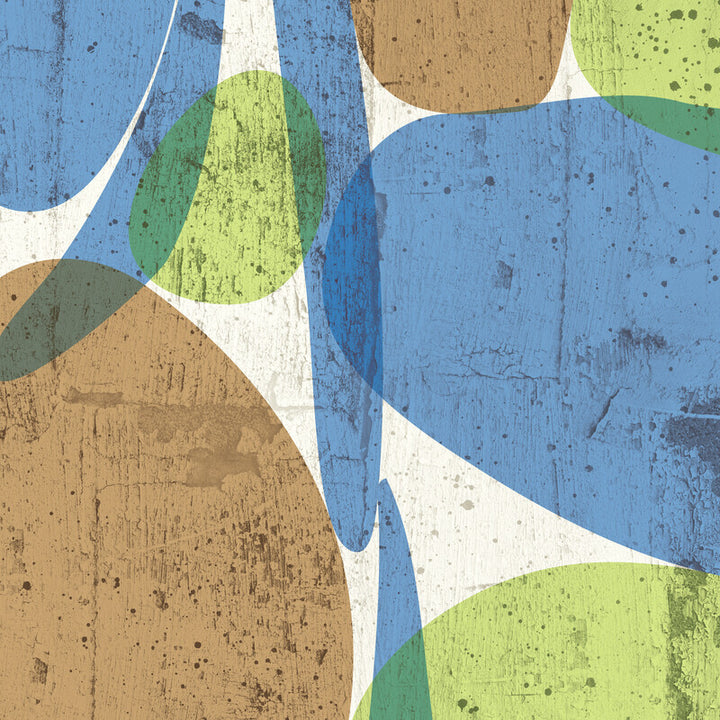 Abstract geometric composition with overlapping curved shapes in blue, green, tan, and white on a textured painted surface.