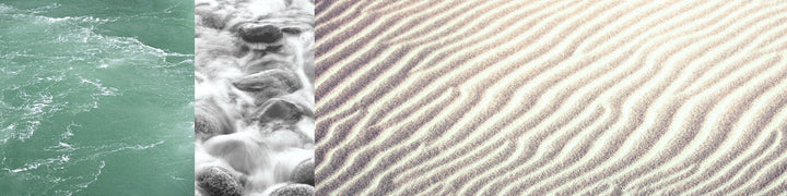 Four vertical panels depicting water, flowing stream, purple and beige striped pattern, and sand ripples in naturalistic colours.