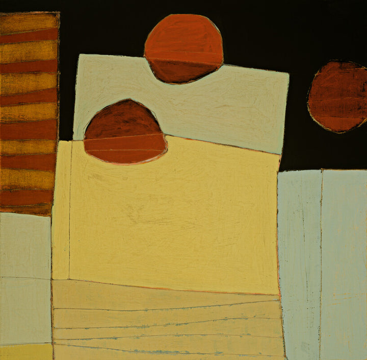 Abstract geometric composition featuring rectangular color blocks in cream, yellow, and green with rust-red circular forms against black background.
