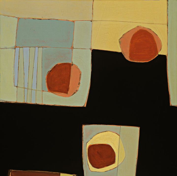 Abstract geometric composition with rectangular shapes in pale yellow, blue, and green, featuring three rust-red circular forms against black sections.