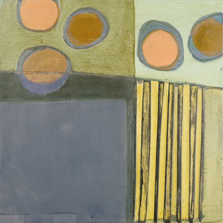 Abstract composition divided into quadrants featuring circular forms in orange and brown tones, vertical yellow lines, and blue-grey areas on a muted background.