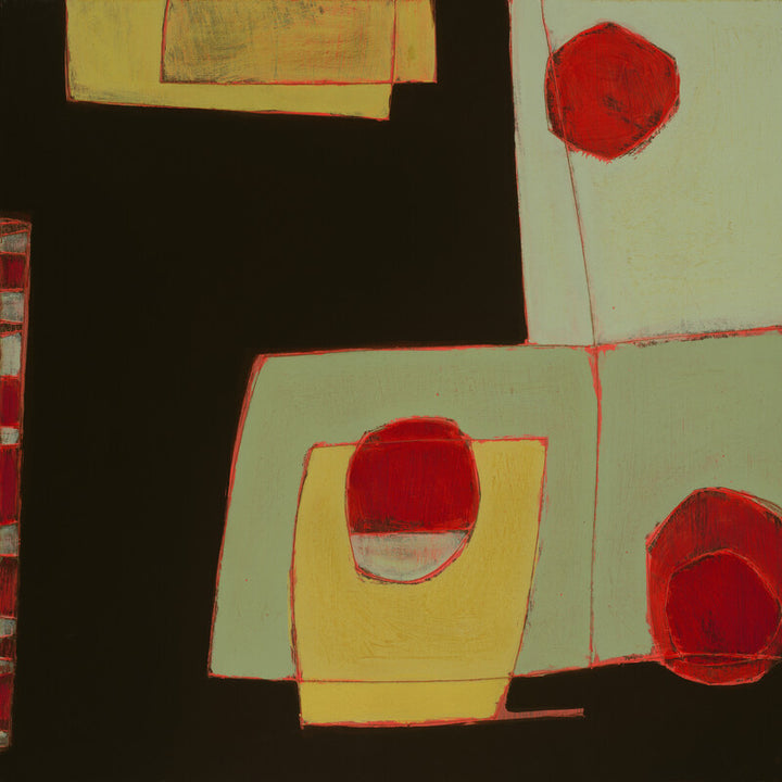 Abstract composition featuring geometric shapes in yellow and red with black areas on a pale green background.