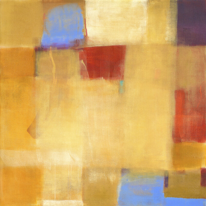 Abstract geometric composition featuring overlapping rectangular shapes in warm yellows and oranges with accents of red and blue.