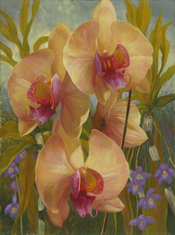 Painting of three cream and pink orchids with red centers surrounded by green foliage and small purple flowers.