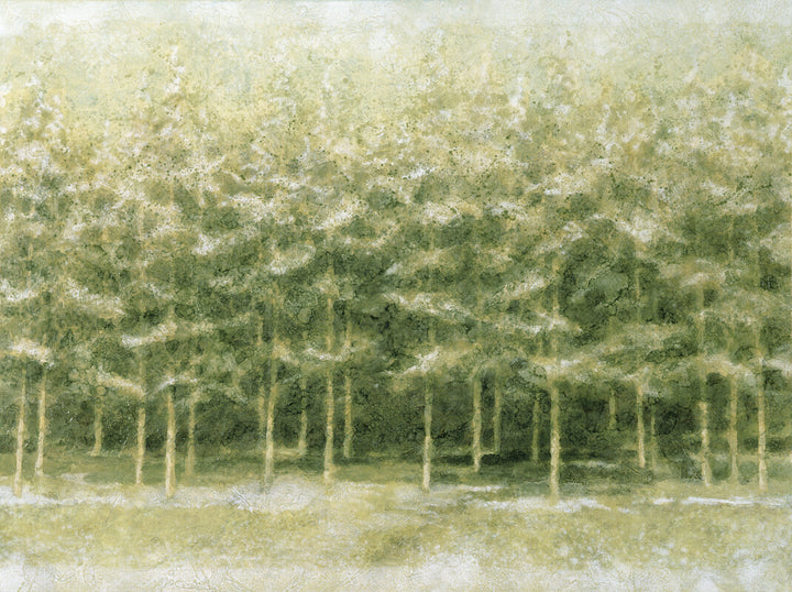 A woodland landscape with tall trees in muted greens and whites, rendered in soft, textured brushwork.