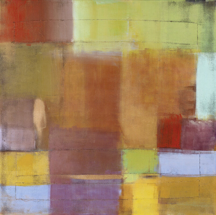 Abstract composition of overlapping rectangular blocks in warm yellows, oranges, reds, and cool purples, blues, and greens.