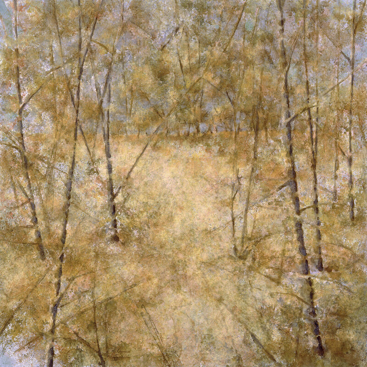 Abstract forest scene with vertical birch trees in muted golds, browns, and whites against a pale lavender background.