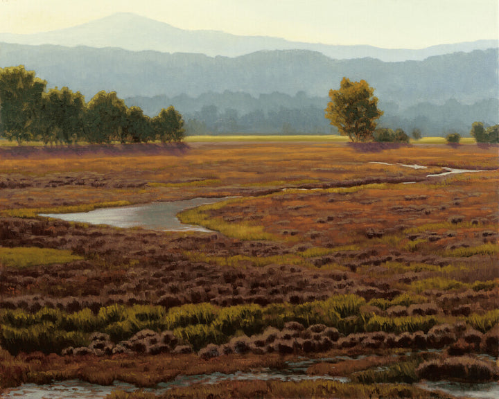 A pastoral landscape painting depicting a winding stream through a marshland with golden trees, distant mountains, and warm earth tones under hazy light.