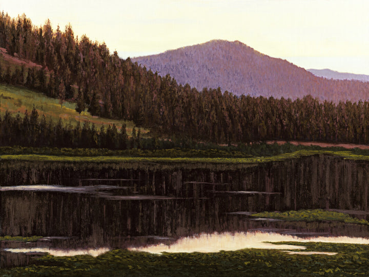 A landscape painting depicting a forested mountain reflected in a marshland pond, rendered in earth tones and muted greens.