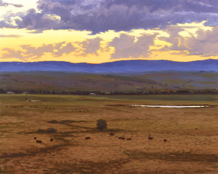 Vast prairie landscape with grazing cattle beneath dramatic purple and yellow clouds at sunset.