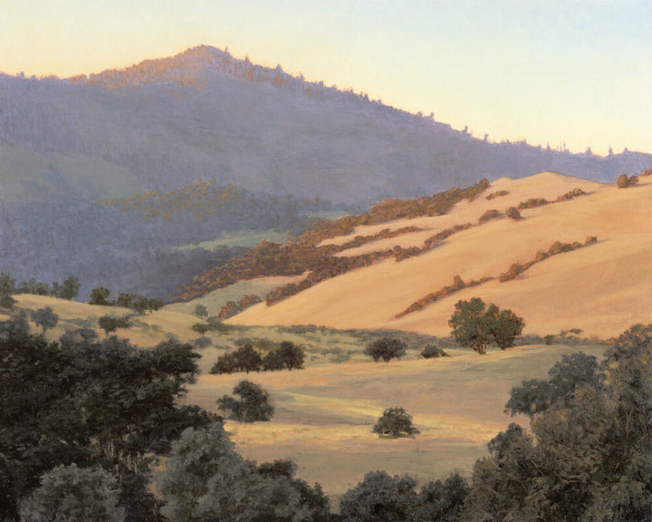 Rolling hills with scattered trees and forested mountains under a golden-hued sky at sunset.