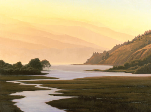 A serene landscape painting depicting a winding river through marshland with forested hills and mountains under a golden sunset sky.
