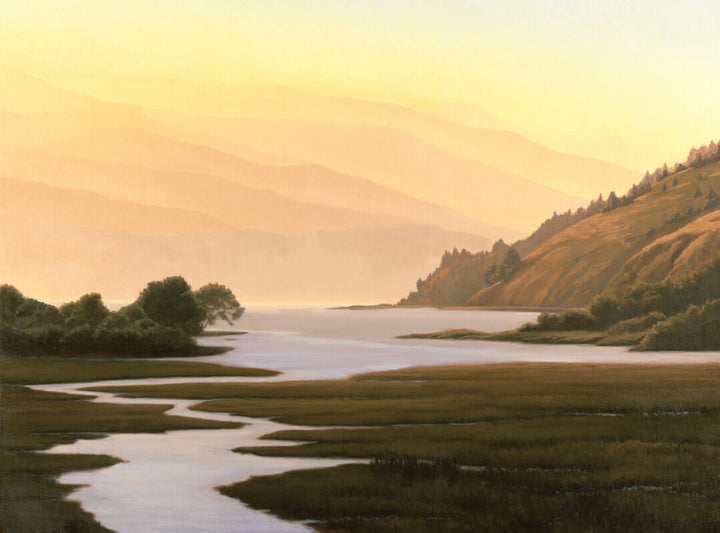 A serene landscape painting depicting a winding river through marshland with forested hills and mountains under a golden sunset sky.
