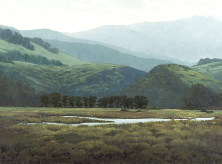A landscape painting depicting rolling green hills with forested slopes, a meandering river in the valley, and misty mountains in muted blue-green tones.