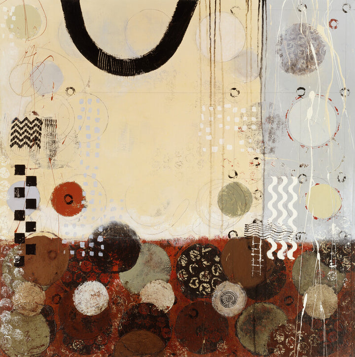 Abstract mixed-media artwork featuring geometric shapes, circles, and lines in cream, rust, black, and brown tones across upper and lower sections.