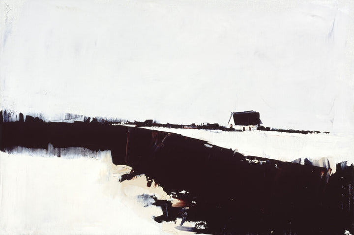 A minimalist landscape painting depicting a solitary farmhouse on a snowy horizon beneath a pale sky, rendered in black, white, and muted tones.