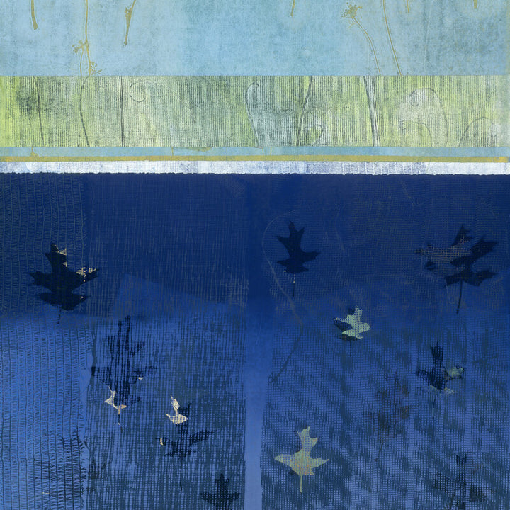 Abstract artwork divided into horizontal sections featuring blue water with falling leaves, green grassy area, and pale blue sky above.