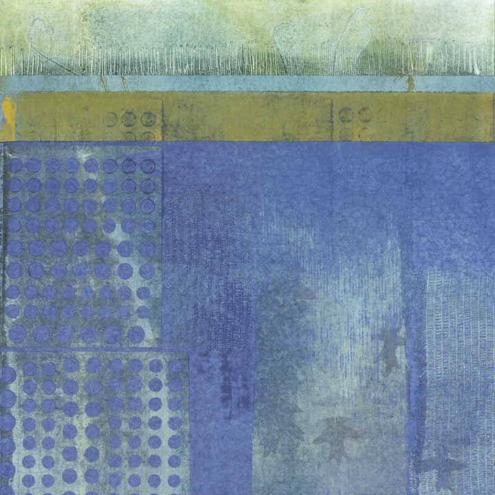 Abstract composition with horizontal bands of green, blue, and tan featuring geometric patterns including vertical lines and circular motifs.