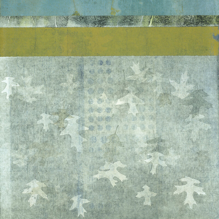 Hanging white oak leaves on textured gray-green background with yellow and blue-gray horizontal bands at top.