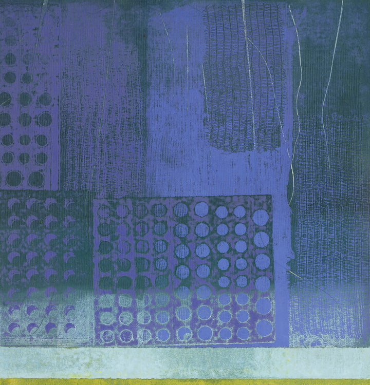 Abstract composition with layered purple, blue, and green tones featuring circular patterns, linear textures, and a yellow stripe at the bottom.